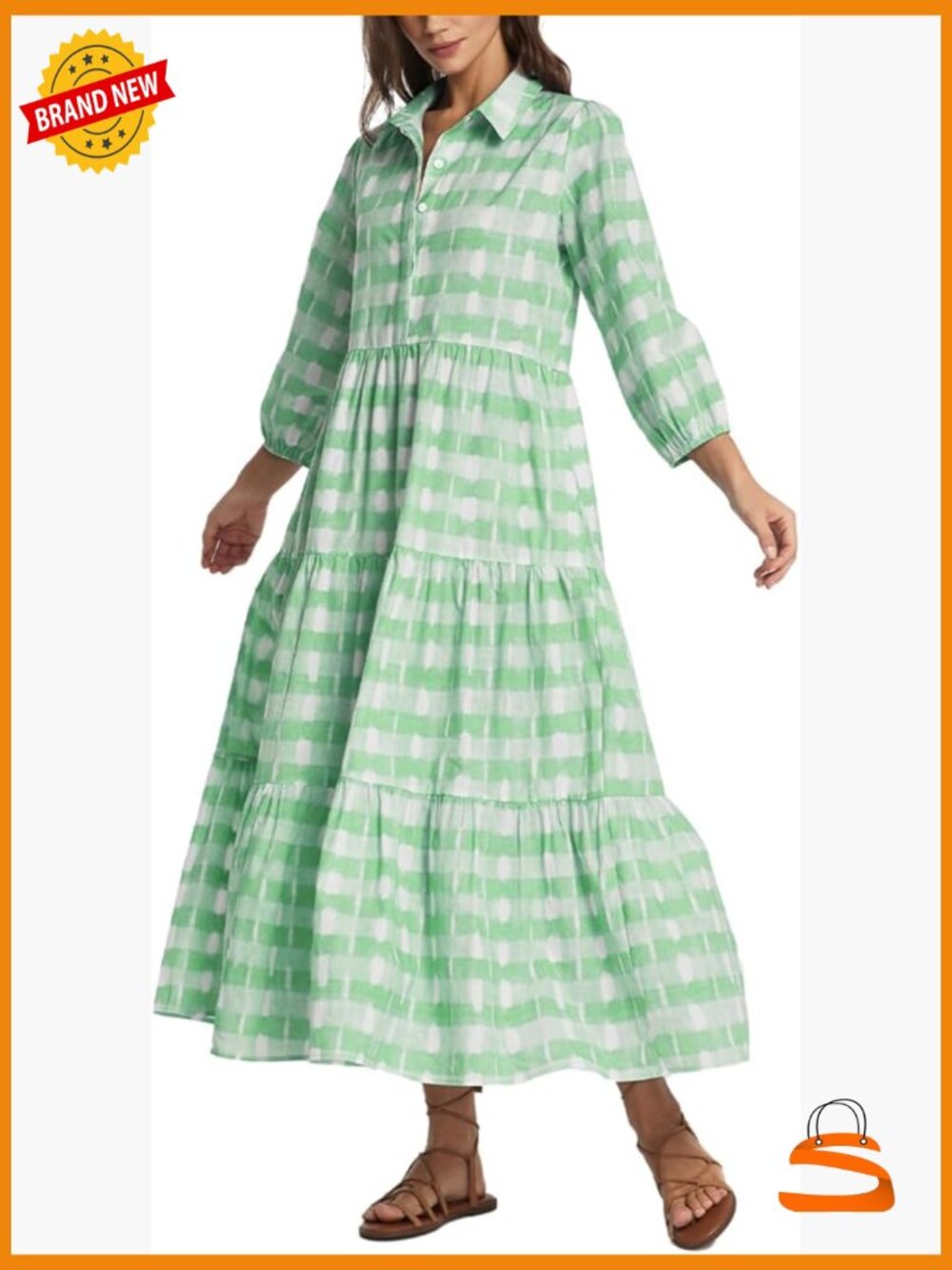 Long Sleeve Maxi Dress V-Neck Button Down Plaid Tiered Casual